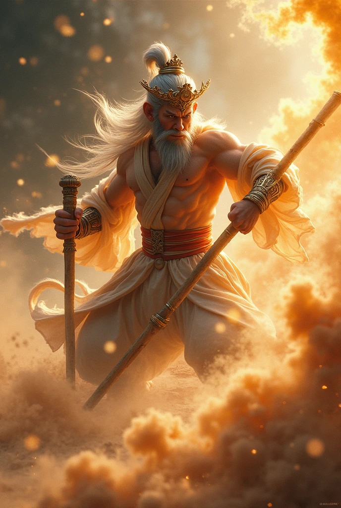 Create a dynamic and cinematic image of Sun Wukong, the Monkey King, wielding his magical staff, Ruyi Jingu Bang. Sun Wukong, adorned with his iconic golden crown and ornate accessories, stands in the background at a dramatic angle. He strikes the staff forcefully on the ground with both hands, causing a powerful impact. This action sends a swirling cloud of sand and dust into the air, accentuating the motion and raw power of the scene. The staff extends dramatically towards the foreground, enhancing the sense of depth and intensity.