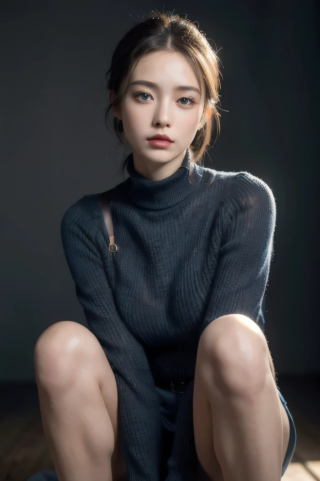 One person, Slim face, Piercing blue eyes, Brunette, Tie your hair up, thin:1.3,  body, Wearing a thin knit sweater, Dark colored high-length short skirt, Put your hands on your knees, View your viewers, (Eye-level shot, Cowboy Shot),
break
(Highest quality:1.3, masterpiece:1.3), (Realistic, photo Realistic:1.2), High resolution, 超High resolution, 8k, (Realistic skin, Smooth, rous skin), (Normal expression, Perfect Anatomy),Large Brea,
