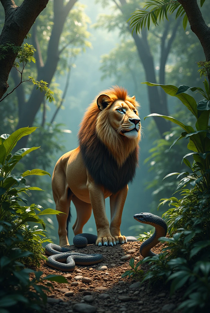 Snake and lion different image lion mix in jungle