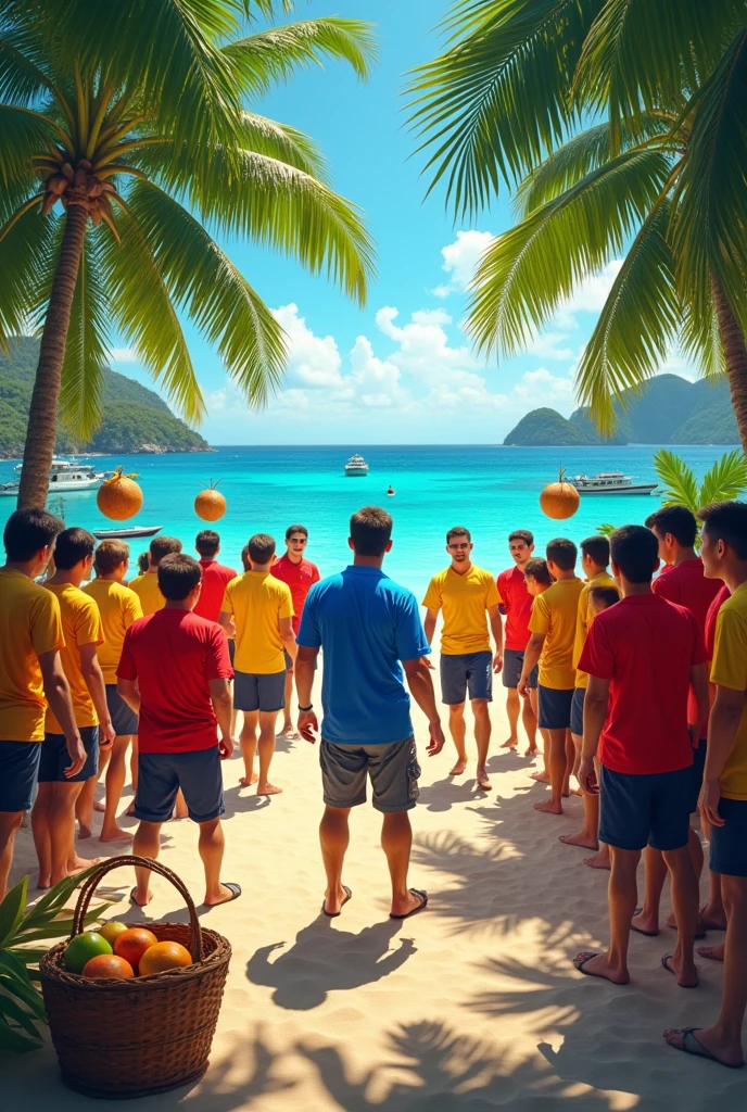 A Koh Lanta event with the red and yellow team there are baskets and coconuts and the host with a blue shirt
