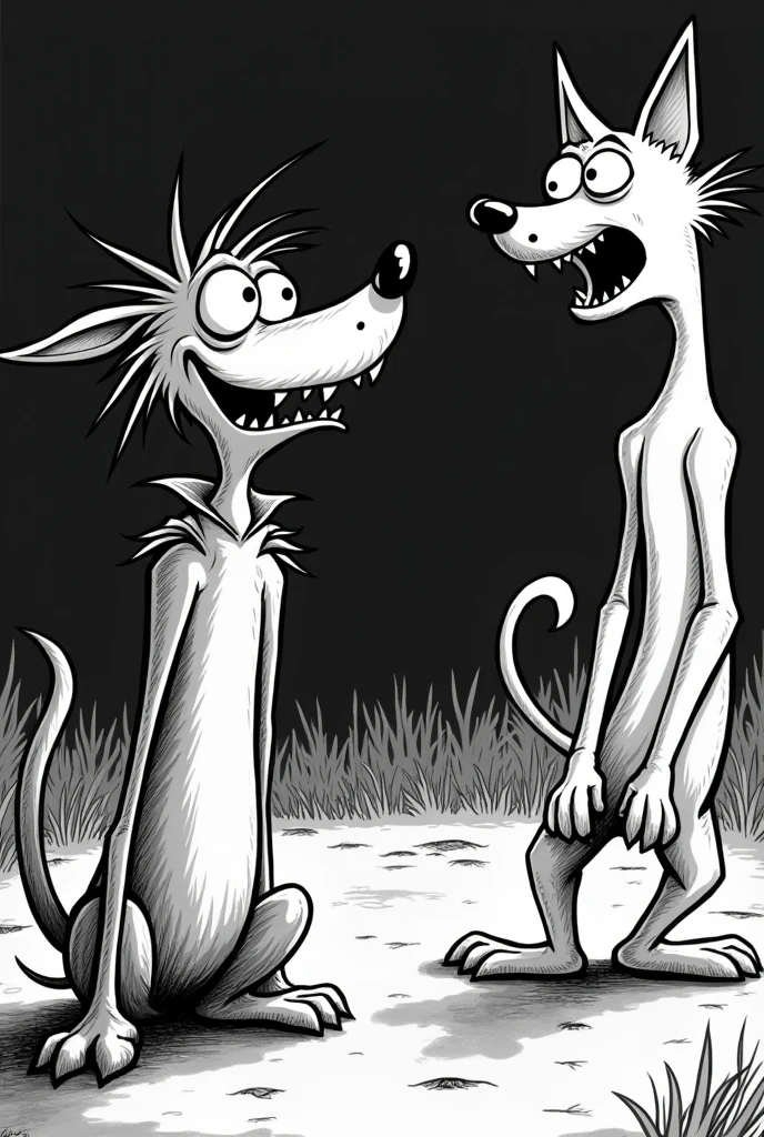 Tim Burton style cartoon of frightened bristling dog and cat with mouths open looking up in black and white