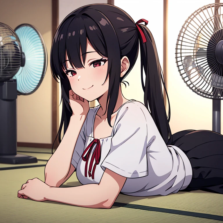 1girl, 16yo,
lying, on stomach,
(hands on tatami:1.2),
smile, (closed eye),
(chiffon blouse), white blouse, short sleeve, low neck, black skirt, barefoot,
tatami, house,
(electric fan:1.2), (wind:1.2),
indoor,
day, summer,
BRAKE
black hair, (low twintails), low pigtails, red ribbon in hair, very long hair,
dark brown eye,
from side,
high brightness,
(high quality, ultra detailed, masterpiece, super detail, highres, anatomically correct, UHD)