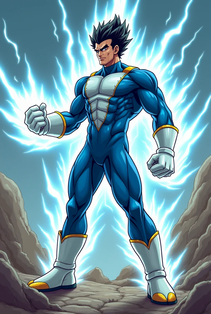Draw a muscular man in blue combat gear, releasing a different kind of energy, and he shoots rays from his hands. Give him a slimmer body in a blue and white combat gear, with black hair that stands on end, and white boots with yellow toes.