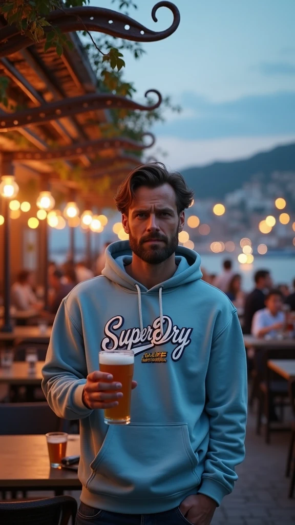 Place se personnage en respectant ses traits physiques et physiologique de la photo sur la terrasse d’un cafe, en plan large, il porte un sweat-shirt à capuche bleu ciel Superdry, le ciel est crépusculaire de soirée. Ambiance de terrasse animée au bord d’un port de pêcheurs, au dessus de la terrasse un pergola et quelques poulpes sèchent sur les barreaux. La terrasse est illuminée par un vielle guirlande à la lumière chaude. Il a de nombreuses tables avec des client buvant leurs verres. Le personnage bois une bière avec une jolie mousse. Ultra détaillé, ultra réaliste, cinématographique, 8k