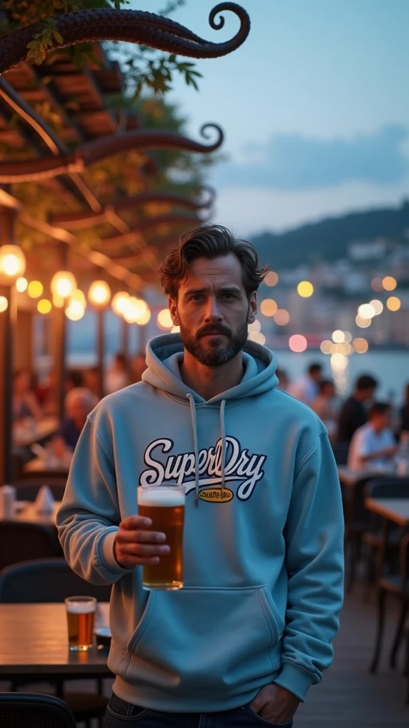 Place se personnage en respectant ses traits physiques et physiologique de la photo sur la terrasse d’un cafe, en plan large, il porte un sweat-shirt à capuche bleu ciel Superdry, le ciel est crépusculaire de soirée. Ambiance de terrasse animée au bord d’un port de pêcheurs, au dessus de la terrasse un pergola et quelques poulpes sèchent sur les barreaux. La terrasse est illuminée par un vielle guirlande à la lumière chaude. Il a de nombreuses tables avec des client buvant leurs verres. Le personnage bois une bière avec une jolie mousse. Ultra détaillé, ultra réaliste, cinématographique, 8k