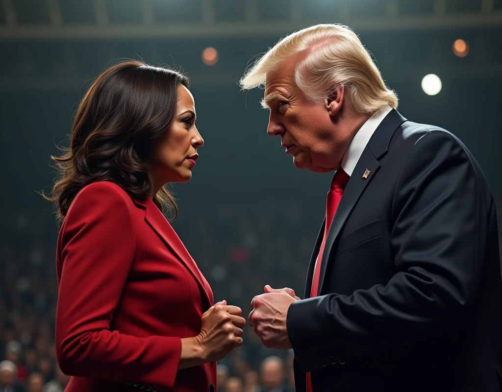 Kamala Harris and Donald Trump staring each other down like boxers