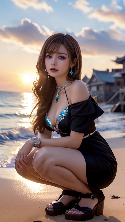 masterpiece, 4K, Bokeh, Realistic, High school students squatting on the beach, (Japanese Idols:1.6), Light brown long hair, Light brown eyes, Plump breasts, Looking at the audience, Blushed, close, (black gothic dress), (Jewelry decoration:1.2, Colorful gemstones:1.2), (The dress is decorated, Sequins), Sunset Coast, Beautiful sky and clouds