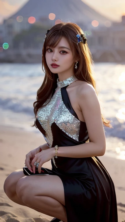 masterpiece, 4K, Bokeh, Realistic, High school students squatting on the beach, (Japanese Idols:1.6), Light brown long hair, Light brown eyes, Plump breasts, Looking at the audience, Blushed, close, (black gothic dress), (Jewelry decoration:1.2, Colorful gemstones:1.2), (The dress is decorated, Sequins), Sunset Coast, Beautiful sky and clouds