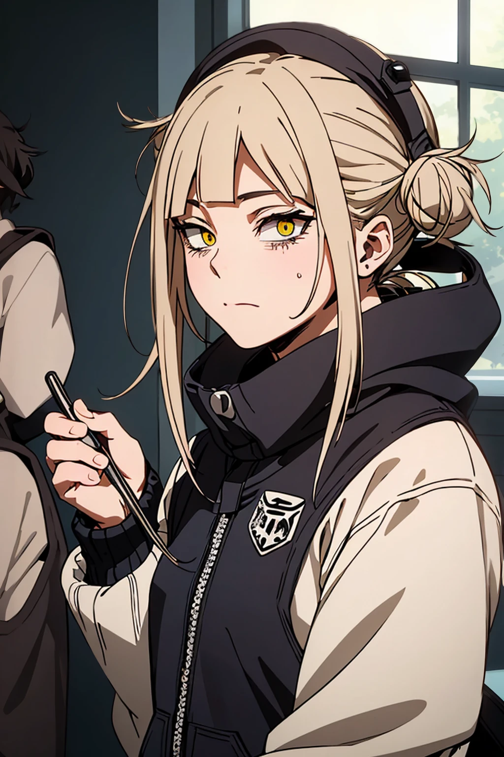 (Himiko toga),(short blond hair with two messy pulps),yellow eyes with thin pupils),(vestindHimiko toga),(short blond hair with two messy pulps),yellow eyes with thin pupils),(wearing),+,(Naked)