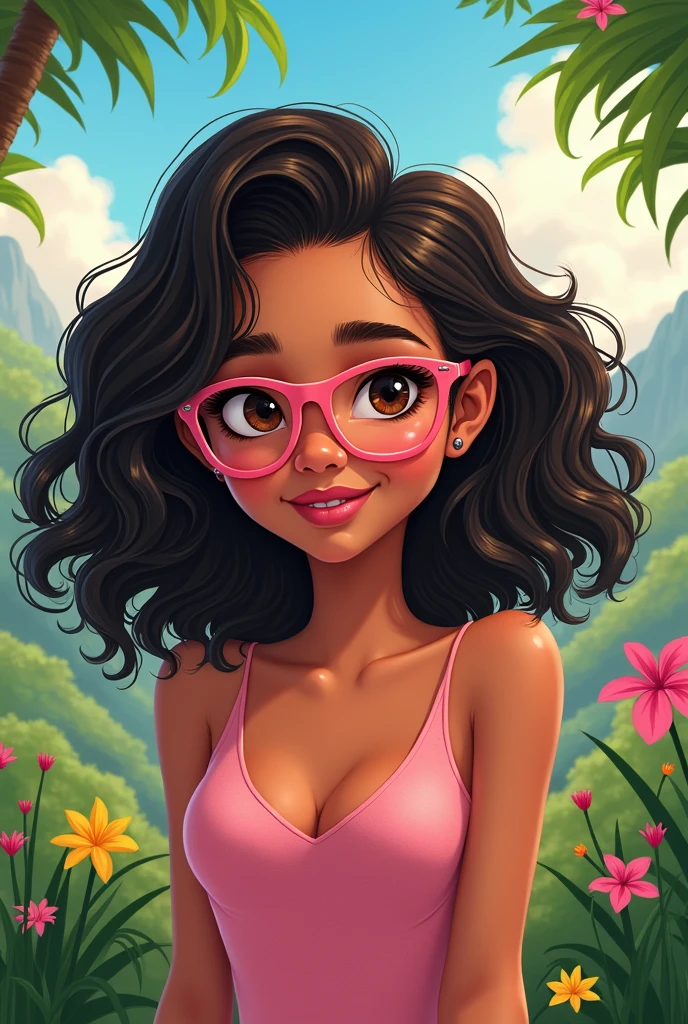 Woman, white dark curly hair with blonde highlights, Brazilian, northeastern. lowrise, thick lips, wears pink cat-eye glasses, 60 kilos, brown dark eyes. slightly slanted eyes, shoulder hair. Small and slightly curved eyebrows. Short neck, 1,58 tall. slightly rounded face. Disney Illustration