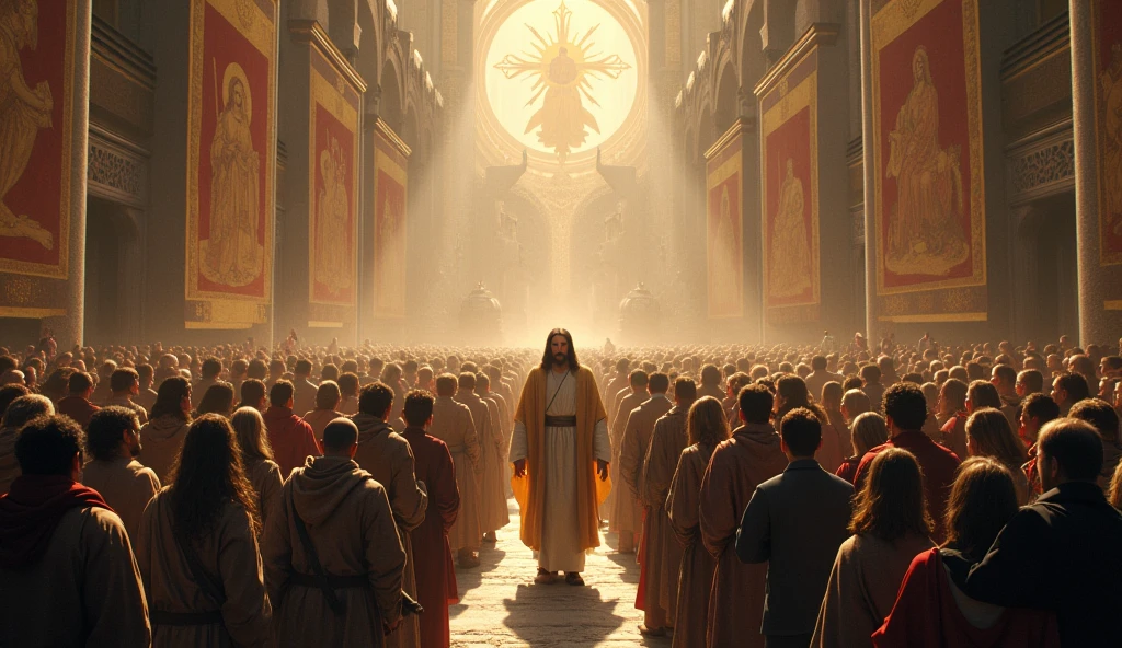 I want to see a lot of different people, including modern soldiers and knights, as well as people in suits and poor people as well as skinny and muscular people worshipping a human Jesus in the center, showing that he is the king regardless of race or era.