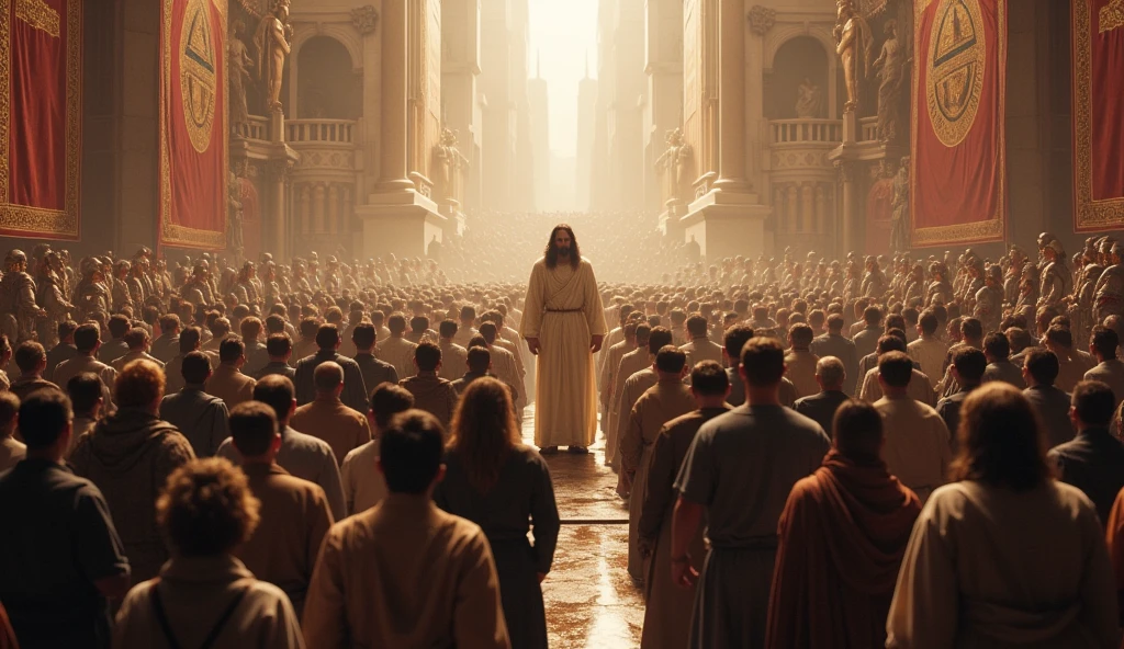 I want to see a lot of different people, including modern soldiers and knights, as well as people in suits and poor people as well as skinny and muscular people worshipping a human Jesus in the center, showing that he is the king regardless of race or era.