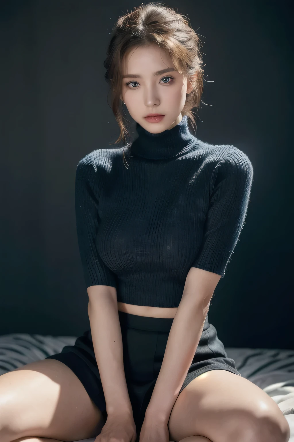 One person, Slim face, Piercing blue eyes, Brunette, Tie your hair up, thin:1.3, body, Wearing a thin knit sweater, Dark colored high-length short skirt, Put your hands on your knees, View your viewers, (Eye-level shot, Cowboy Shot),
break
(Highest quality:1.3, masterpiece:1.3), (Realistic, photo Realistic:1.2), High resolution, 超High resolution, 8k, (Realistic skin, Smooth, lustrous skin), (Normal expression, Perfect Anatomy),Large Breasts:1.3,