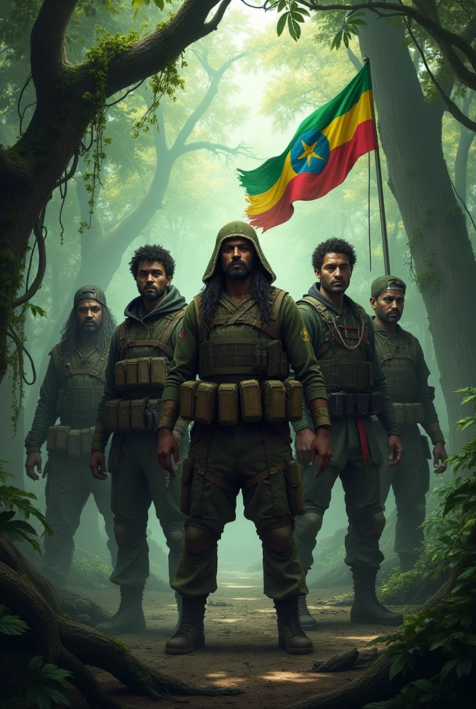 Seven Amhara Fano fighters in a scary jungle with long trees and their logo and flag has only green,yellow and red colors respectively.
