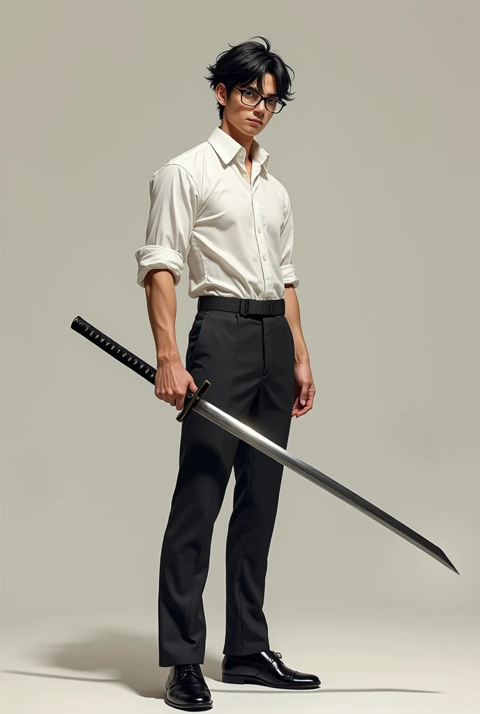 Tall lean man with glasses, young, messy short hair with light mustache, formal white shirt, full body, katana