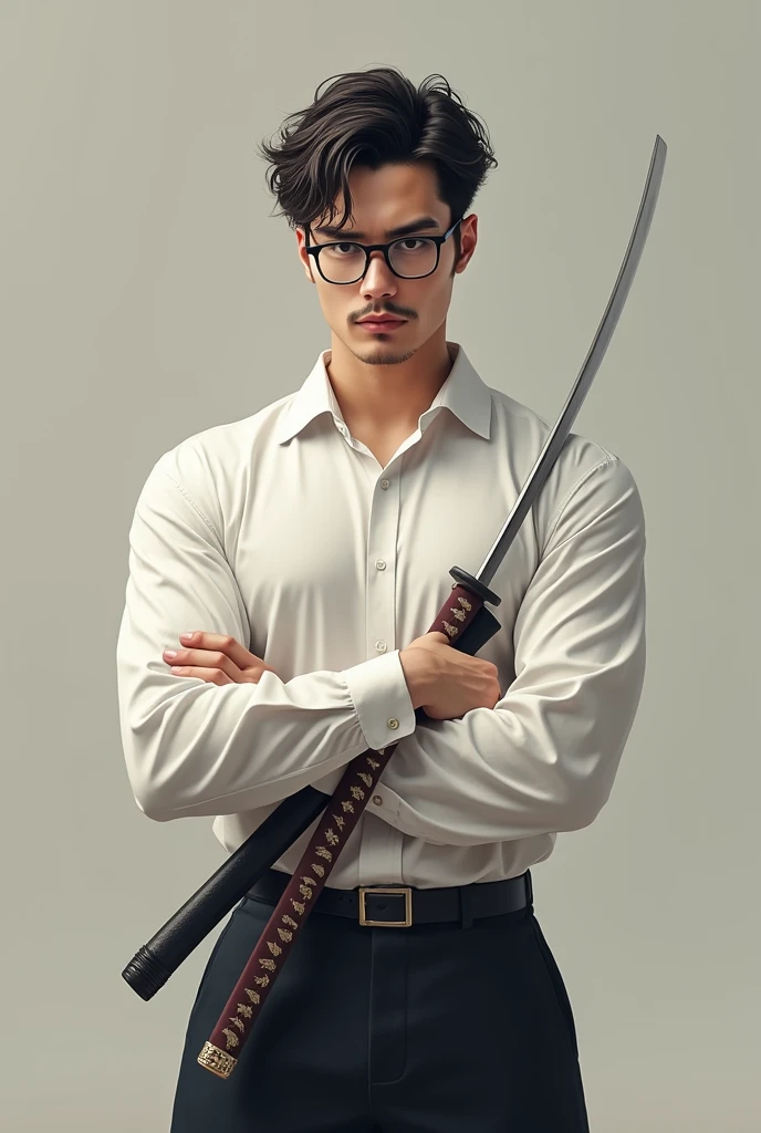 Tall lean man with glasses, young, messy short hair with light mustache, formal white shirt, full body, katana 
