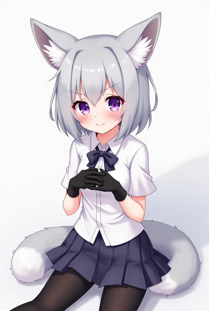 Anime artwork, score_9, score_8_Excellent, score_7_Excellent, score_6_Excellent, score_5_Excellent, score_4_Excellent(\Lynn is not like that.\), One person,Animal ears, Purple eyes, alone, gloves, chest, pantyhose, bow, Animal earsの毛,Long sleeve, chestの谷間, skirt, Cat ear, bangs, Facial blemishes,, Grey Hair, small chest, pleated skirt, black pantyhose, bowtie, medium chest, black gloves, White shirt,One person,,so beautiful, Absurd, alone, Happy,View your audience,, Simple Background,throw,chestを抱える