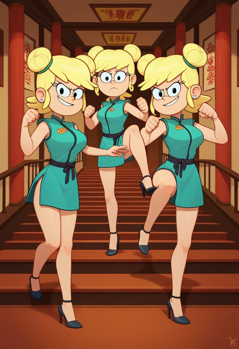 leni loud, 3girls, trio, 24yo girl, large breasts, green cheongsam,  inside of a chinese temple, looking at viewer, blonde hair, two hair buns , hands  score_9, score_8_up, score_7_up, high heels, teep fighting stance,martial arts, stairs behind her, guarding the stairs, a door behind the stair, they are identical twins