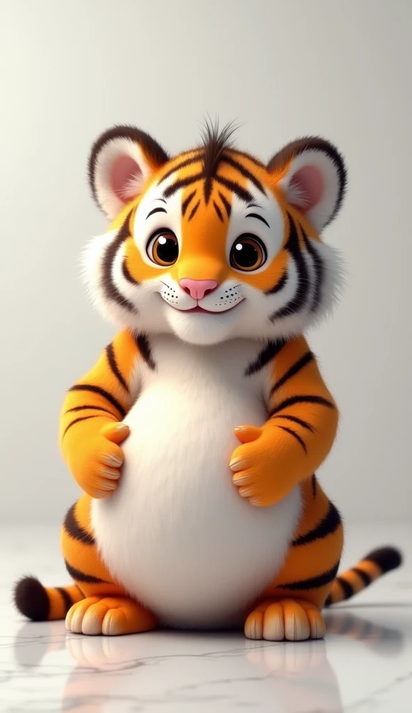 A chubby and cute little tiger baby, Very fat，Real limbs，Full of patterns，Pregnant big belly，Big bright eyes, Cute and cuddly，Fluffy, Delicate and exquisite, Real little tiger，The expression is very cute，Two paws touching the belly，Pure white high-end bathroom background