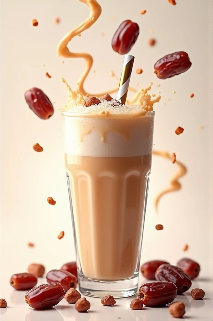 A poster with dates falling in a glass of date milkshake blended in ice and poster name "Kurma Shake"