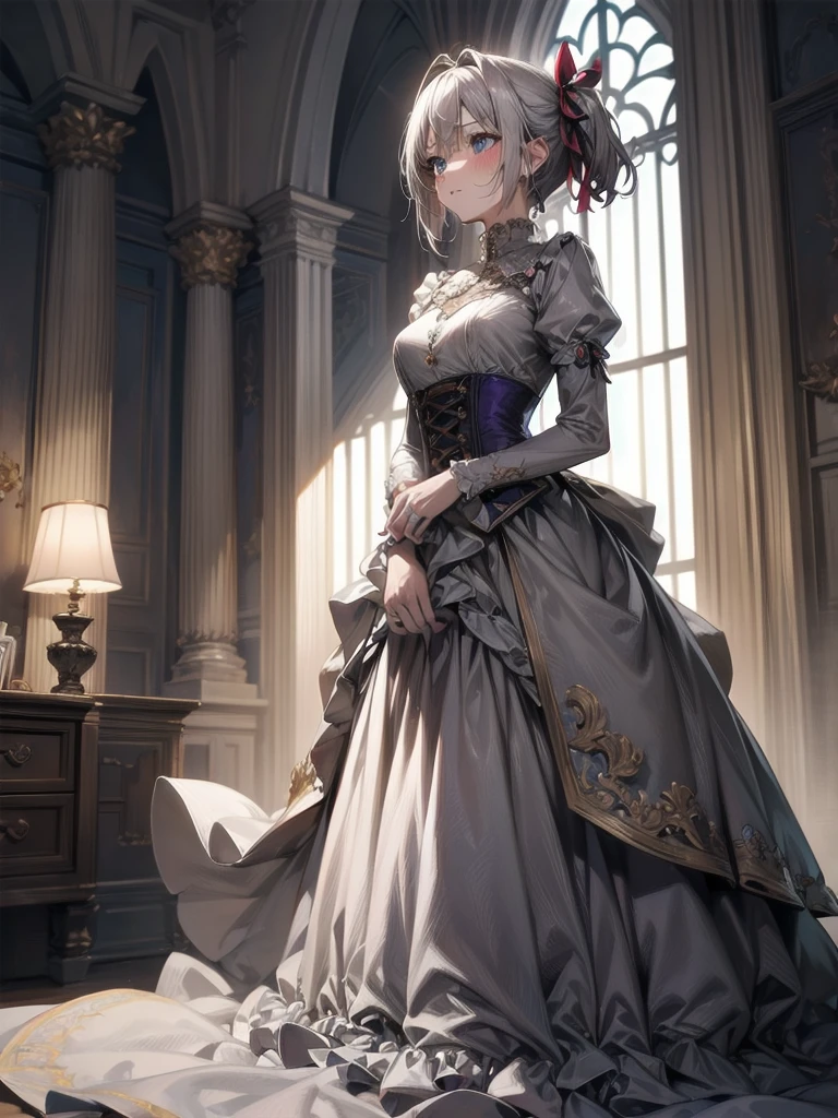 bride: wedding ring shining on ring finger Fusion of medieval European fashion Emphasis on elements of cuteness and adoration Posed illustration of the overwhelming cuteness of the character in the foreground Overwhelming architectural and cityscape background Ultra-detailed, rich, contemporary interpretation of medieval Europe and fantasy world Realistic textures, Professional artistic shading and light sources, scene-like cinematography and effects, depth of subject One beautiful girl, super cute, bob cut, side ponytail, perfect anatomy
Colours: pastel, white, pale purple, blue, gingham check
Materials: chiffon, lace, satin, velvet, etc. Silhouette: fluffy skirt, A-line, long length
Decoration: frills, ribbons, lace, pearls, embroidery etc. Coordinates Romantic princess: pastel dress, lace blouse, fluffy skirt, ribbon hair accessory, black tights Add accessories and accessories to personalise.