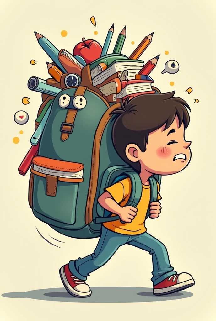 Cartoon drawing of a student heavily carrying a big bag