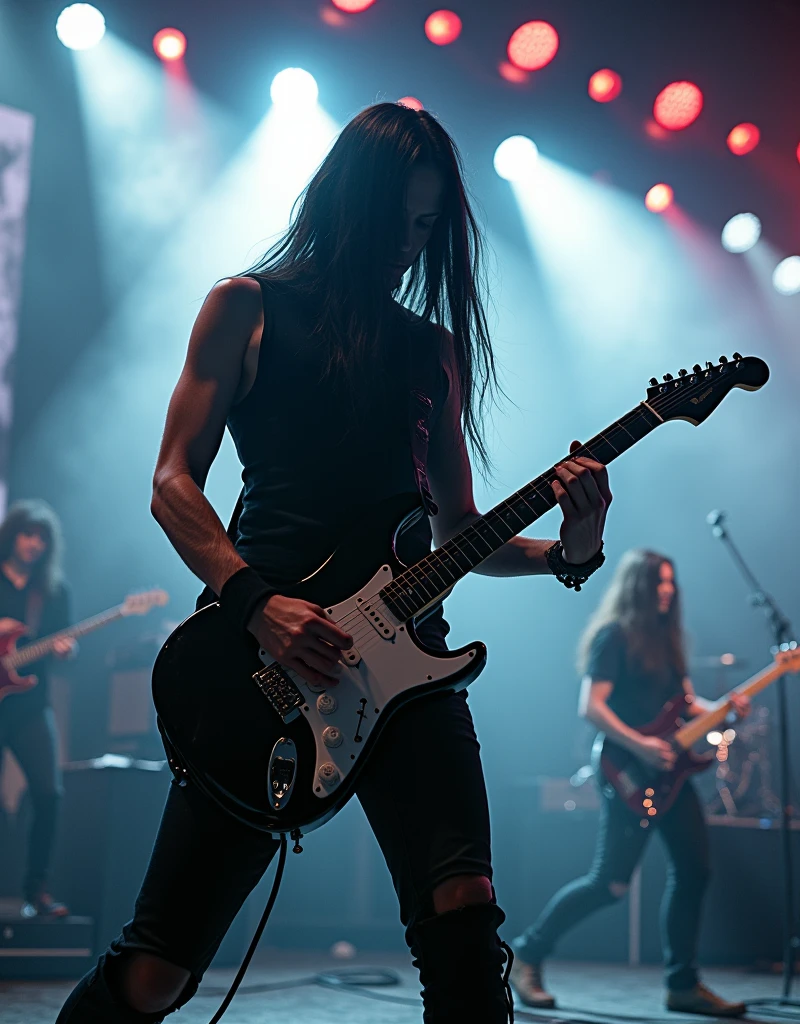 rock band. Caucasian guitarist, thin, Very long black hair, Passion for black and white electric guitars. Performing on a professionally lit stage, mist, screen & inflammation. Surreal , Professional Lighting,