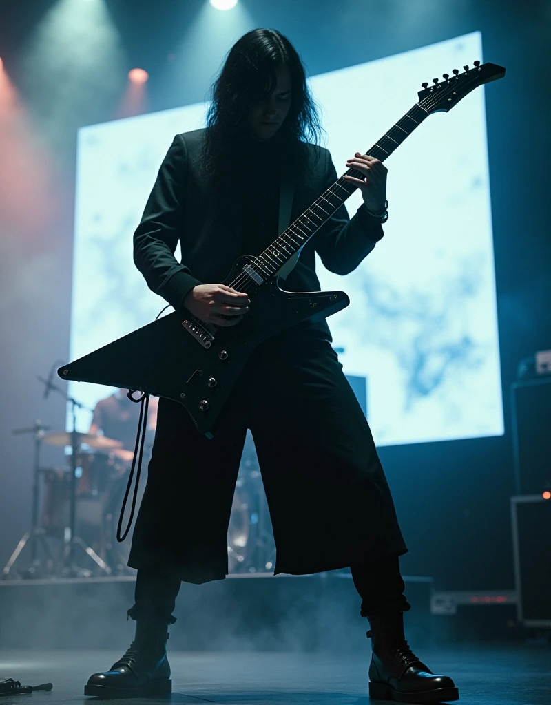 rock band. Caucasian guitarist, thin, Very long black hair, Passion for black and white electric guitars. Performing on a professionally lit stage, mist, screen & inflammation. Surreal , Professional Lighting,