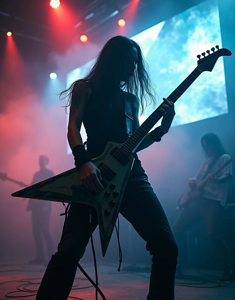 rock band. Caucasian guitarist, thin, Very long black hair, Passion for black and white electric guitars. Performing on a professionally lit stage, mist, screen & inflammation. Surreal , Professional Lighting,