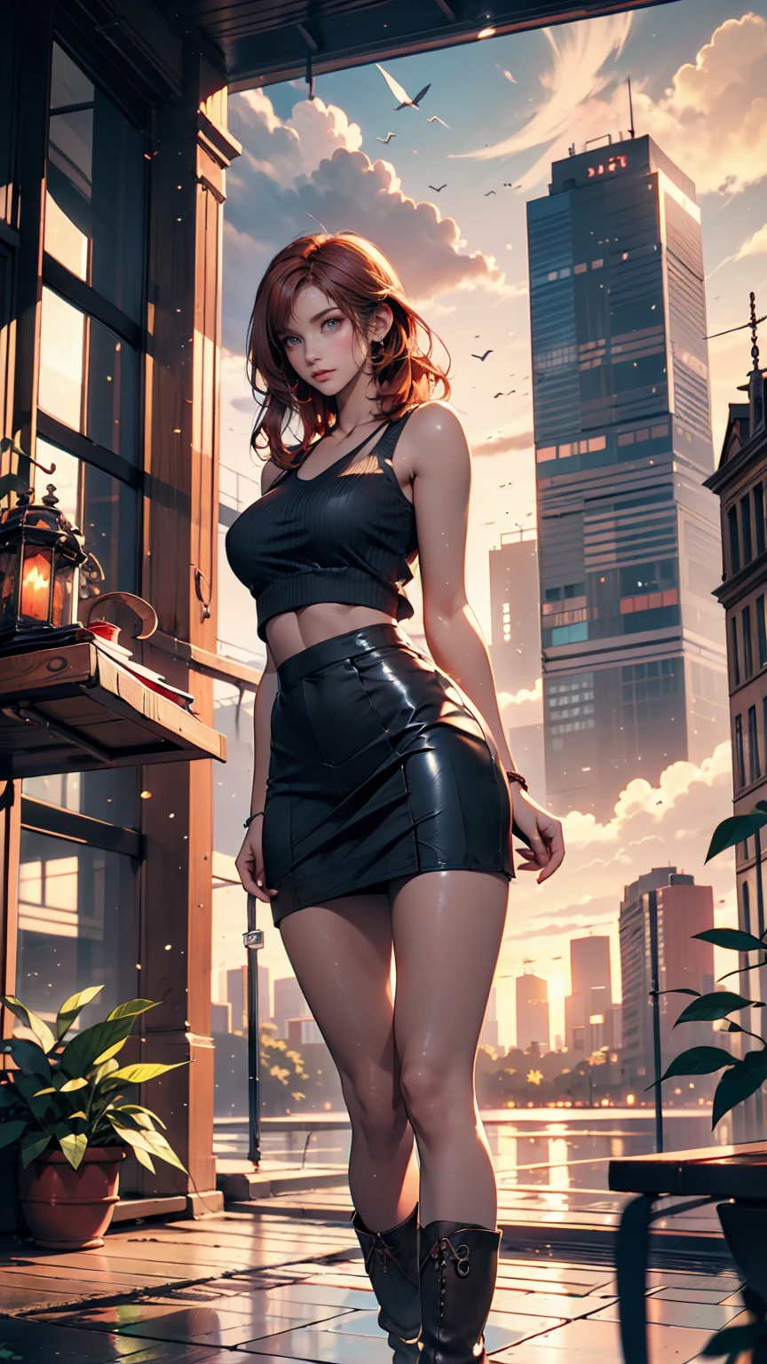 ((Best illustrations)) Brazilian, Redhead, Teenage body, Black Top, Black tight skirt, Black boots, Cityscape, building, Skyline, sunset, Silhouette reflected in the clouds, Contemplative.  