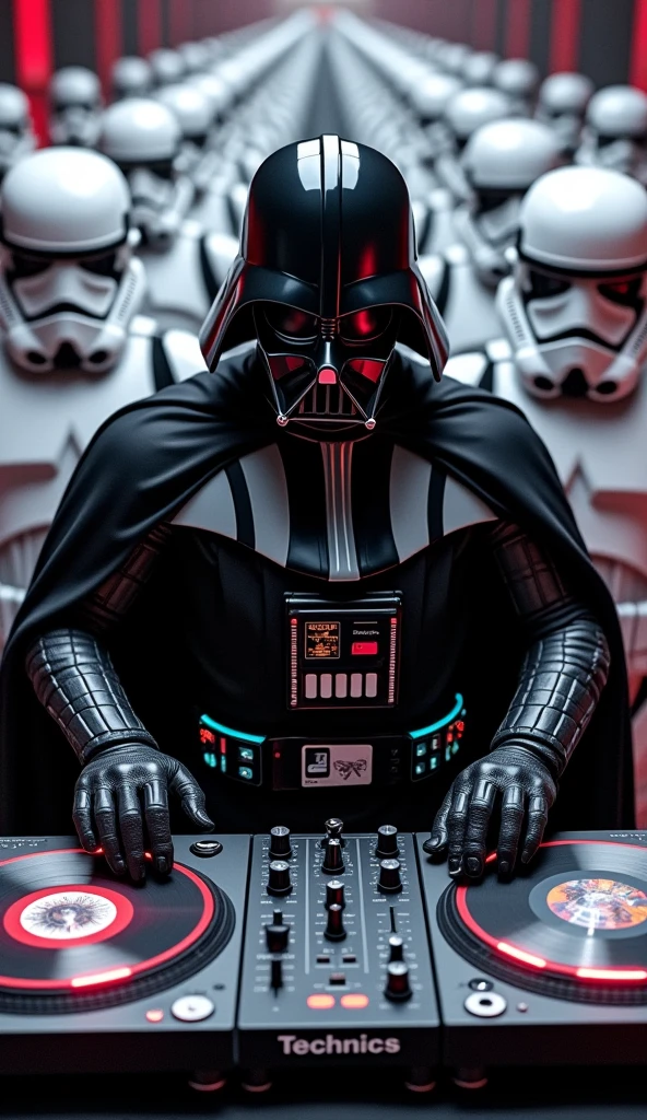 darth vader Djing on Technics turntables with starwars picture disc records being played on the technics Sl1210s and a old school 2 channel dj mixer in between lines of marching stormtroopers