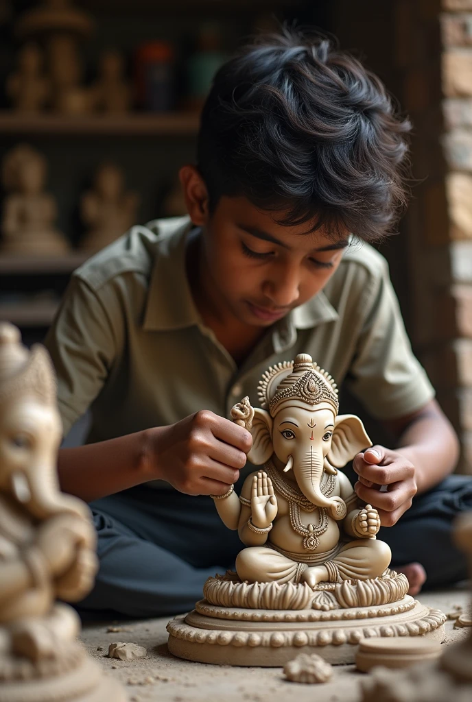An 17 year old Indian is making an idol of Lord Ganesha with his own hands.