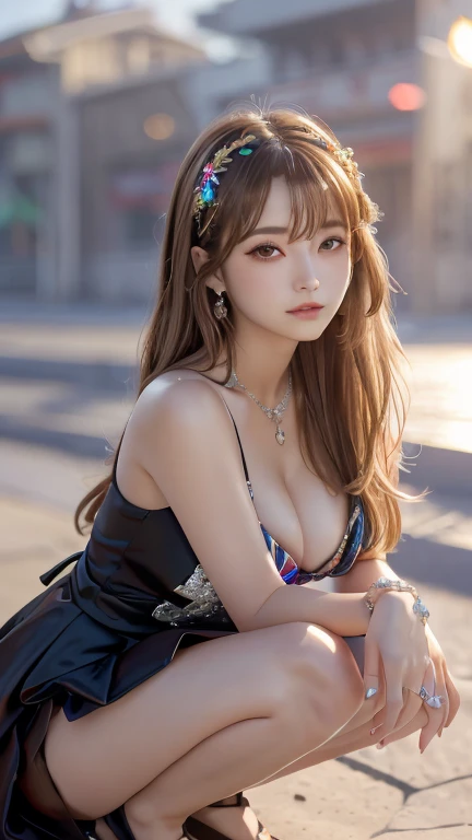 masterpiece, 4K, Bokeh, Realistic, High school students squatting on the beach, (Japanese Idols:1.6), Light brown long hair, Light brown eyes, Plump breasts, Looking at the audience, Blushed, close, (black gothic dress), (Jewelry decoration:1.2, Colorful gemstones:1.2), (The dress is decorated, Sequins), Sunset Coast, Beautiful sky and clouds