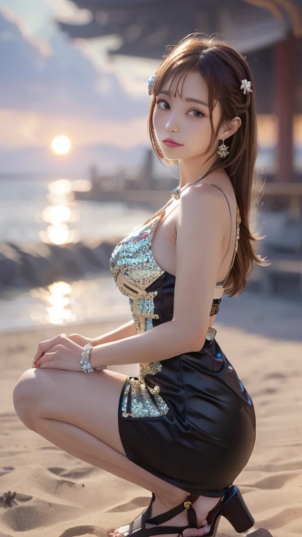 masterpiece, 4K, Bokeh, Realistic, High school students squatting on the beach, (Japanese Idols:1.6), Light brown long hair, Light brown eyes, Plump breasts, Looking at the audience, Blushed, close, (black gothic dress), (Jewelry decoration:1.2, Colorful gemstones:1.2), (The dress is decorated, Sequins), Sunset Coast, Beautiful sky and clouds