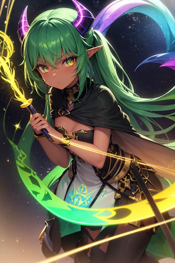 prismatic coloration, holographic environment, young girl, black skin, African-American, Beautiful, elven ears, Serious expression, ponytails, leaf green hair, Heterochromia with deep green & Gold eyes, C-cup, lithe, fit, Modest-attire, full-body, slender legs, beautiful eyes, freckles, leaf green eyebrows, Cute butt, (long straight prismatic Demon horns:1.2), wielding magic wand, Battle stance, grassy aura, mystic black-Green cloak with Golden Floral designs