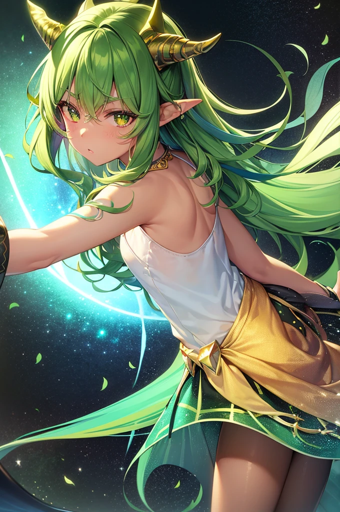 prismatic coloration, holographic environment, young girl, black skin, African-American, Beautiful, elven ears, Serious expression, ponytails, leaf green hair, Heterochromia with deep green & Gold eyes, C-cup, lithe, fit, Modest-attire, full-body, slender legs, beautiful eyes, freckles, leaf green eyebrows, Cute butt, (long straight prismatic Demon horns:1.2), wielding magic wand, Battle stance, grassy aura, mystic black-Green cloak with Golden Floral designs