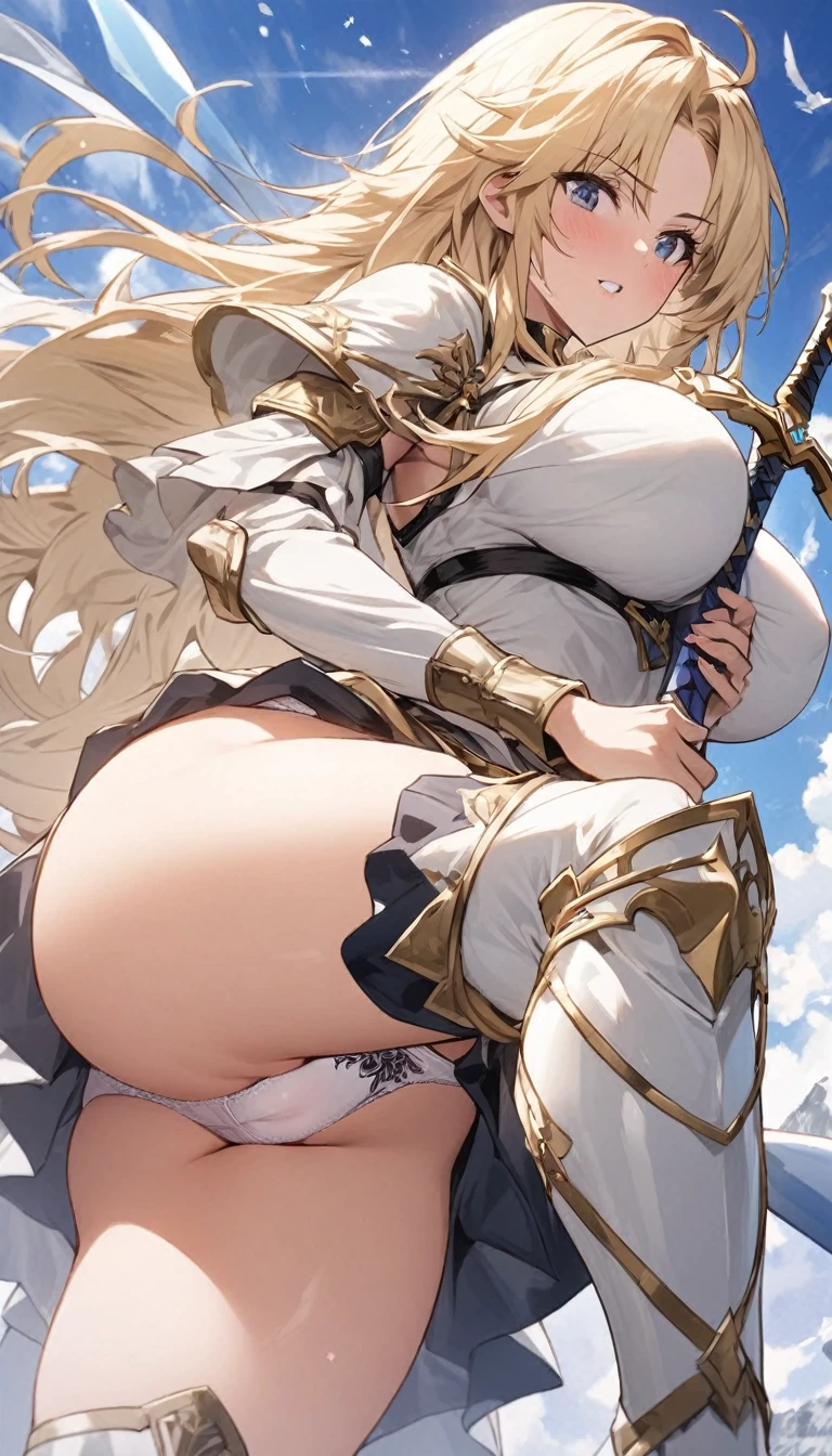 Ultra-high definition image quality、beautiful girl、Female Swordsman、Light Armor、Greeboots、Long Hair、blonde、20-year-old、have confidence々face、Very short tight skirt、Sexy stance、Cowgirl、wilderness、Highest quality,Big Ass、Big Breasts、Thighs、Grasping the hilt of the holy sword Excalibur、Pure white, luxuriously decorated panties、Jump with big strides and kicking off with your feet、Joan of Arc style clothing、Wind King Barrier、Her hair is fluttering in the wind、The Sword of Promised Victory、god々Wearing a new aura、Big Ass、Valkyrie the War Maiden、Crotch close-up、Angle from directly below