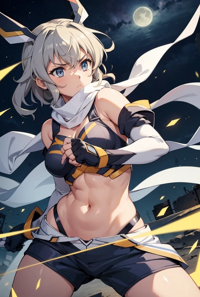 , serious, destroyed town, 1girl, exquisite illustration, punching, ,thgear, 1girl, solo, tachibana hibiki (symphogear), medium breasts, navel, headgear, gloves, gauntlets, body suit, shorts, white scarf, night, upper body