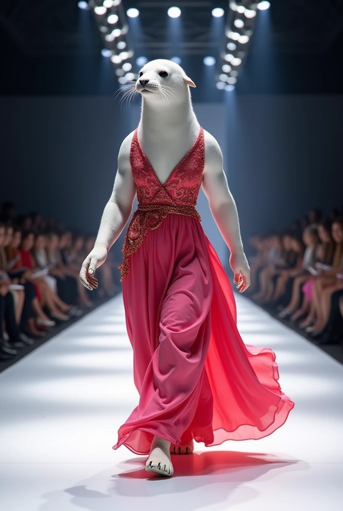 A beautiful white seal  wearing pink and red maxi cloth walking down the runaway at a fashion show,