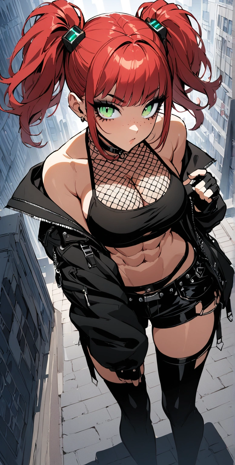 woman, curly red hair in pig tails, green eyes, black eyeshadow, wearing crop top black shirt, long black jacket, black hot pants, black knee high boots, black fingerless gloves, exposed shoulders, large breasts, freckles, abs, cleavage, looking at viewer, masterpiece, best quality, Holo-Punk Style, in the city, make up, eyelashes, fish net undershirt, fish net stockings, top down