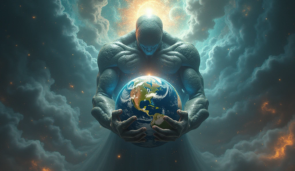An alien holding the earth, scene takes place in the space, very powerful mind, lot of colors