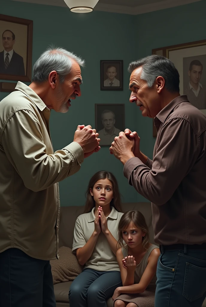 Create an image of a father yelling at a father and being watched by his two sons, a man and a woman. Heartbroken Mother