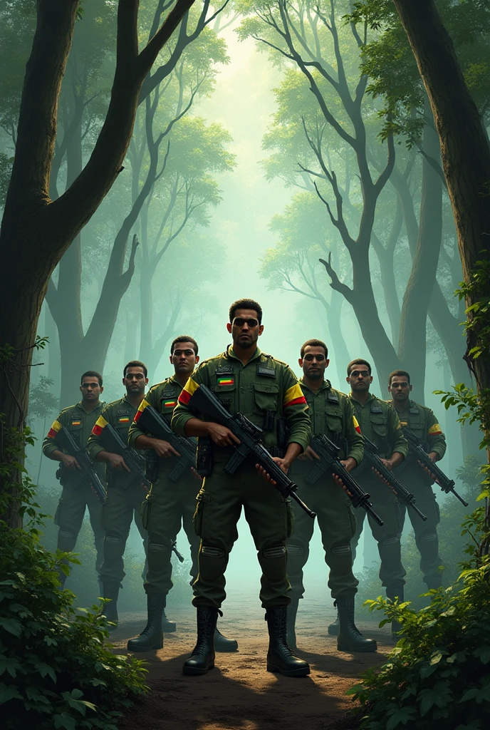 Seven Amhara Fano fighters in a scary jungle with long trees and their logo and flag has only green,yellow and red colors respectively.And also they have modern weapons.