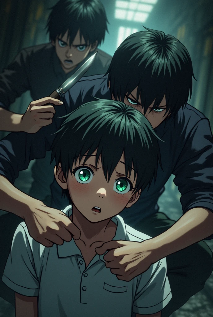 A boy with black hair, green eyes is kept hostage by some thugs, one of the thugs put a knife to his throat anime