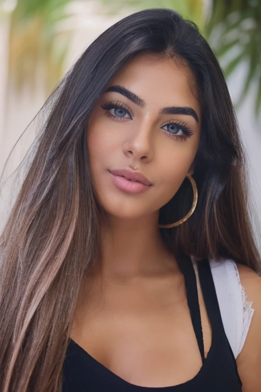 A beautiful Venezuelan girl with extremely beautiful skin, Venezuelan girl with beautiful long hair, clear eyes, a captivating beauty of miss Venezuela, thick eyebrows, full, pink lips, Venezuelan features and an angelic face. In Caracas, Venezuela, in jean shorts and a black blouse