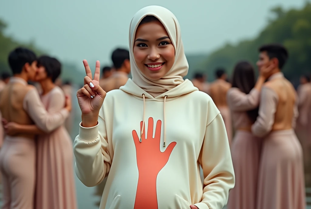 A pregnant hijaber pretty woman, wearing a cream hoodie with a strong vector design featuring a silhouetted image of a five-fingered palm in pastel colour. Texs "JANGAN YA DEK SEBELUM SAH" is displayed in bold simple elegand, distressed typography with pastel colours, while holding her long skirt, one-handed pose pointing upwards, in a public place, covered by many naked couples kissing, making love, jav idol, with front shooting angle, very realistic, (complex detail: 0.9), (hdr, hyperdetail: 1.2), RAW, Sony Alpha a9 II, 24-105mm f/4, HDR,