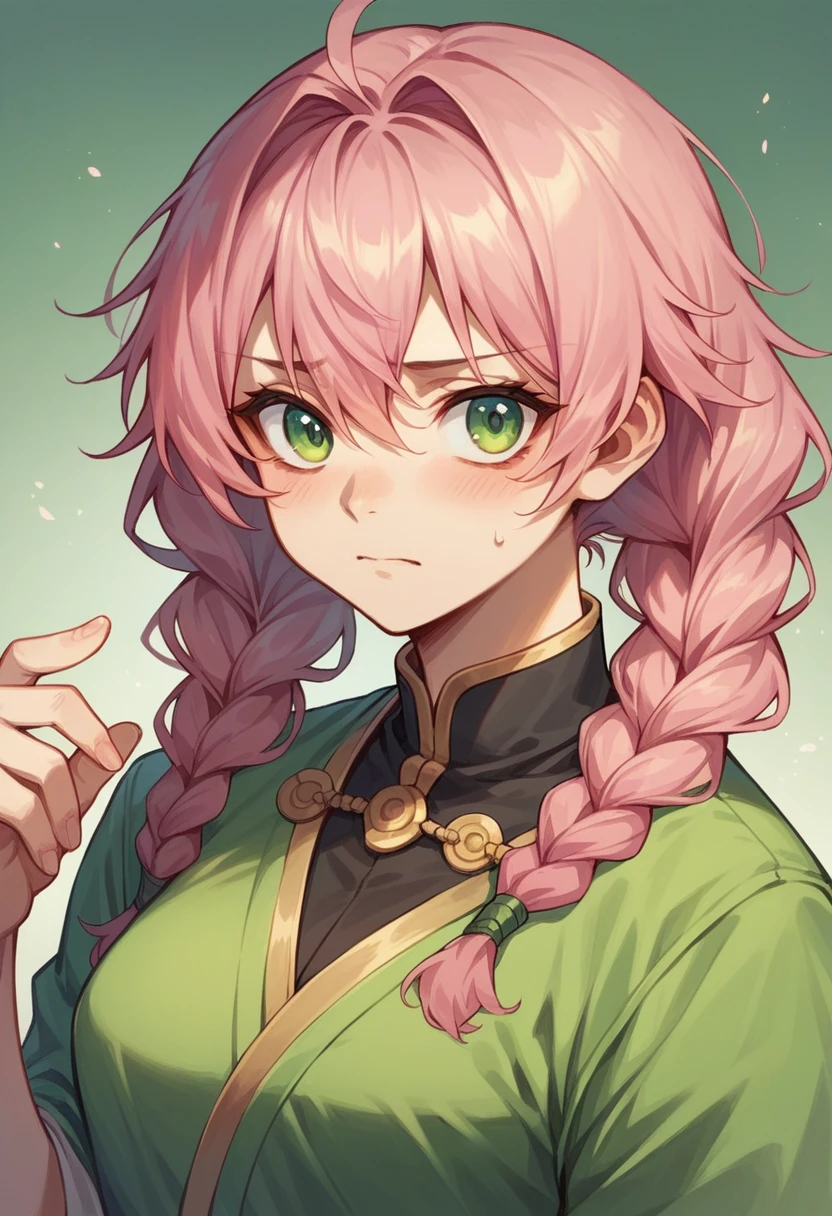 Create an image of Mitsuri kanroji from deamon slayer, pink hair with green tips, thick twin braids, the end of her braids are in green color, her fringes are in green color
