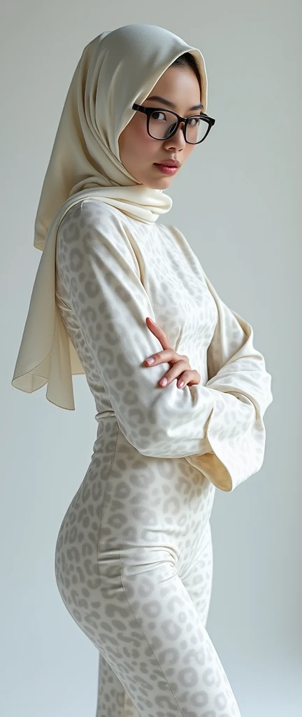 A beautiful,thin and nice asian muslimah woman wears white leopard print lycra turtleneck unitard catsuit covered with spots and white leopard print lycra dancewear hood-like hijab.She must wear a pair of glasses