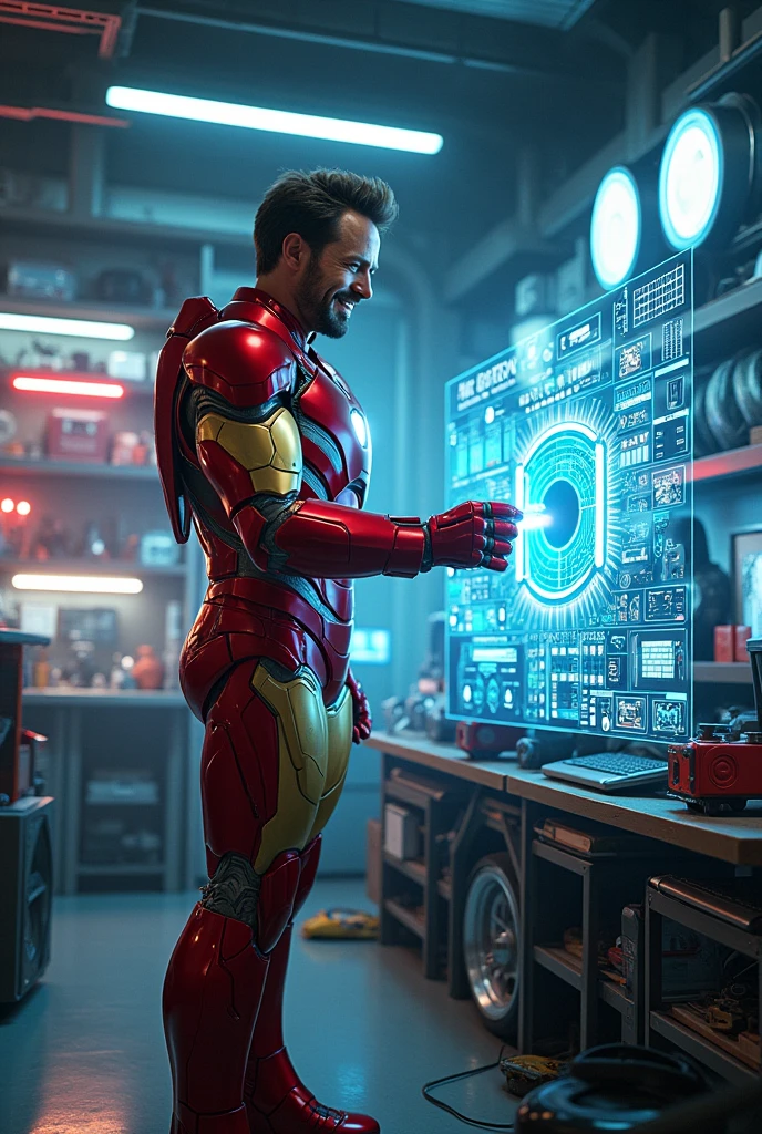 Tony stark working on multiple machines or technologies or say future technologies  in his garage with his multiple artificial intelligence talking genius with all holographic images ,etc, with happy mood with his suit on(armour) as comics 