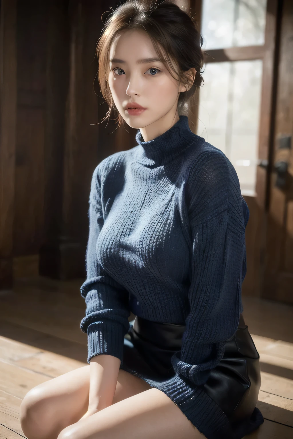 One person, Slim face, Piercing blue eyes, Brunette, Tie your hair up, thin:1.3, body, Wearing a thin knit sweater, Dark colored high-length short skirt, Put your hands on your knees, View your viewers, (Eye-level shot, Cowboy Shot),
break
(Highest quality:1.3, masterpiece:1.3), (Realistic, photo Realistic:1.2), High resolution, 超High resolution, 8k, (Realistic skin, Smooth, lustrous skin), (Normal expression, Perfect Anatomy),Large Breasts:1.3,